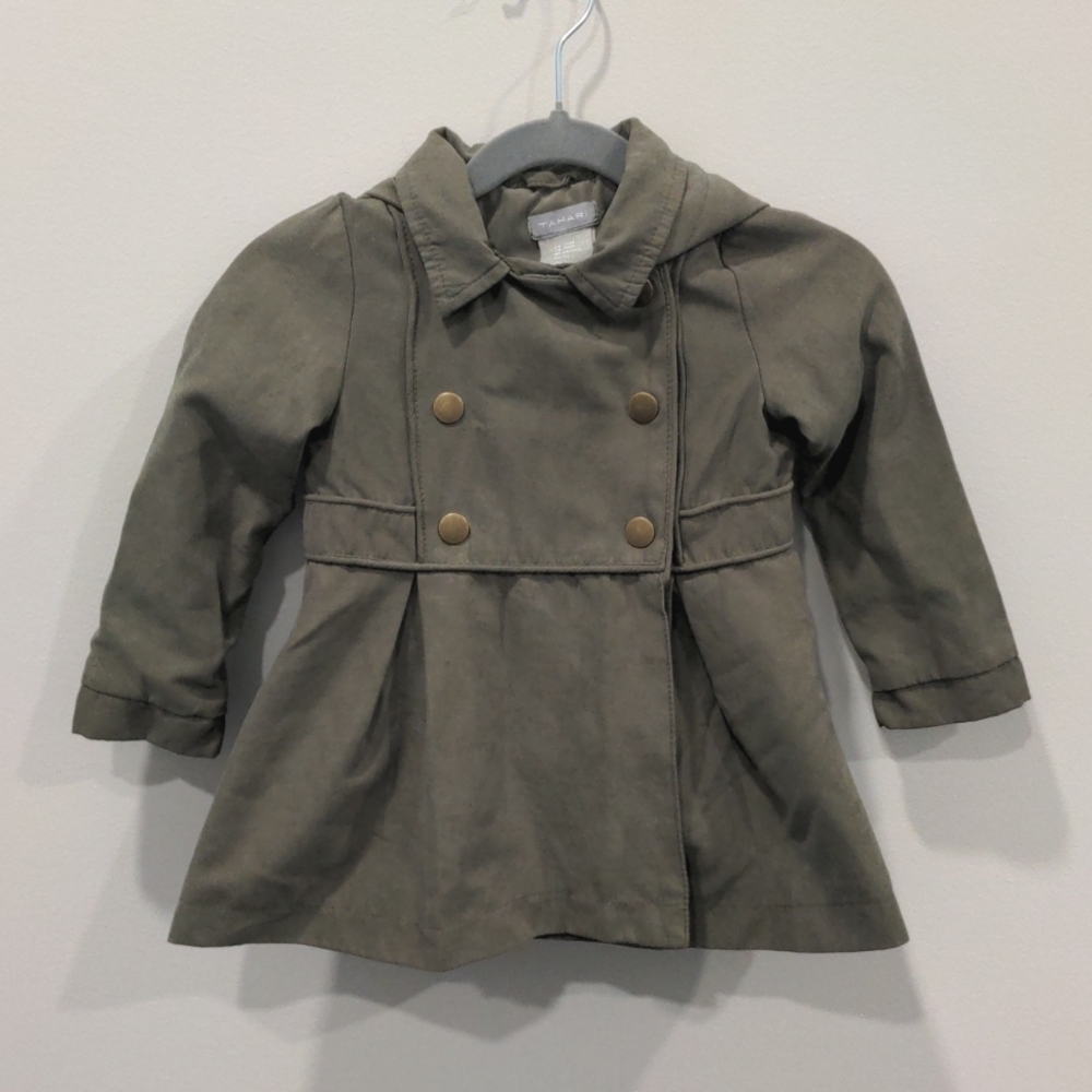 Tahari fashion jacket in army green with animal print hood -  24mo